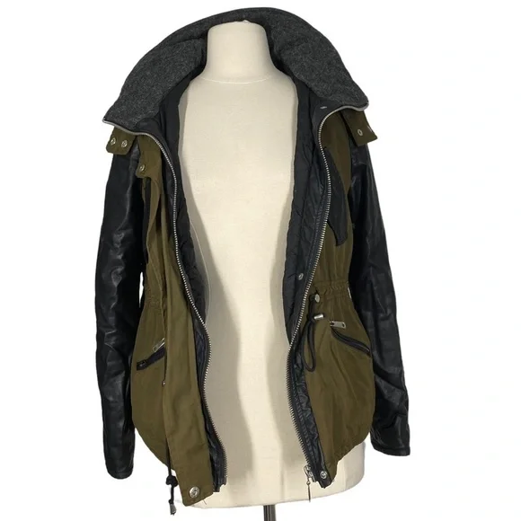ZARA Olive/Black Utility Parka Jacket Small Vegan Leather